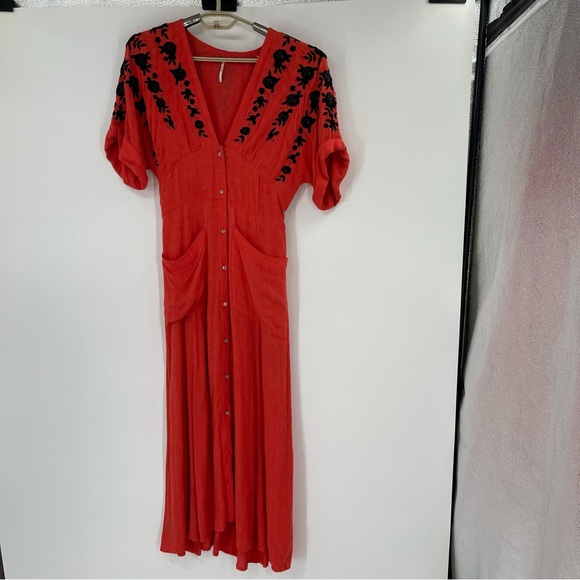 Free People Love to Love You Reddish Orange Embroidered Button-Up Midi Dress - Picture 3 of 16